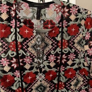 BCBGMaxAzria Black Embroidered Top with Red & Pink Accents